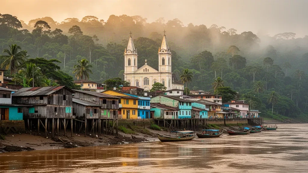 Quibdó, Chocó, Colombia a la hora dorada, con casas sobre pilotes a lo largo del río Atrato y la catedral alzándose sobre el frente fluvial