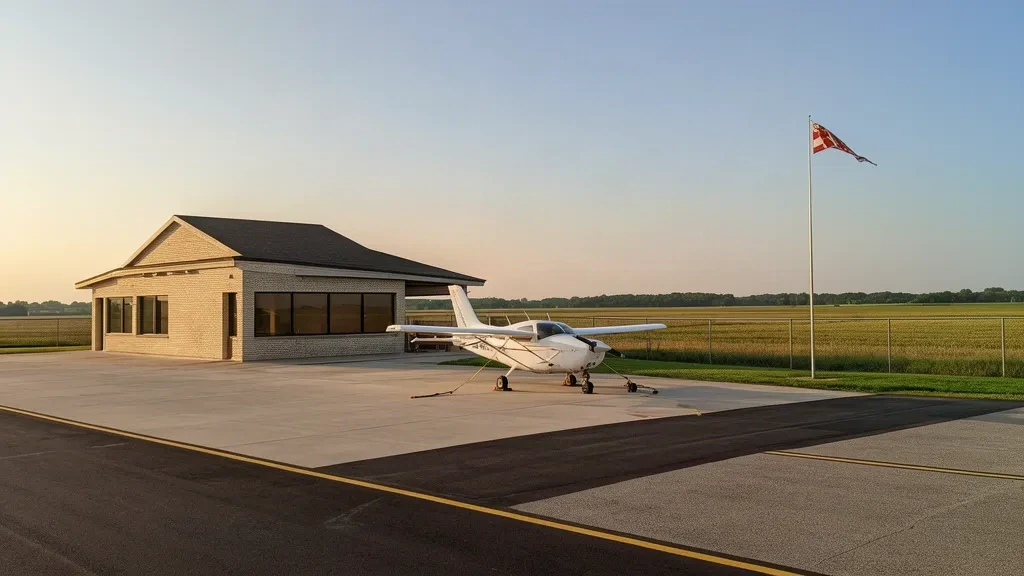 General aviation terminal and apron with a parked light aircraft at Sparta Community Airport–Hunter Field in rural Illinois