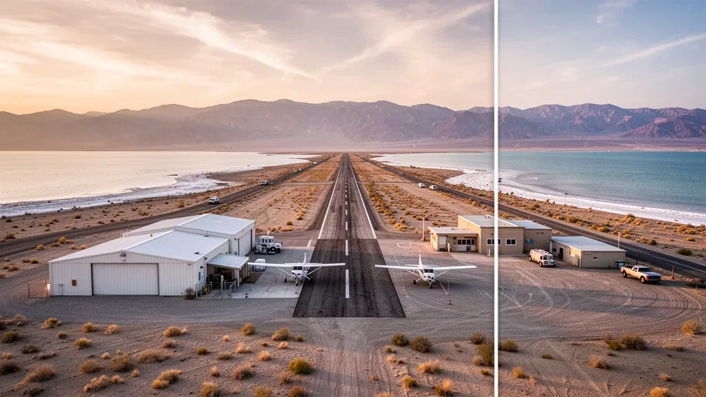 Pequeño aeródromo desértico en el aeropuerto Salton Sea, en California, con una pista pavimentada, hangares y montañas lejanas bajo una cálida luz dorada.