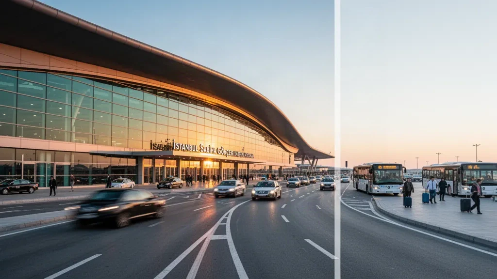 Modern glass terminal exterior and drop-off lanes at Istanbul Sabiha Gökçen International Airport at dusk