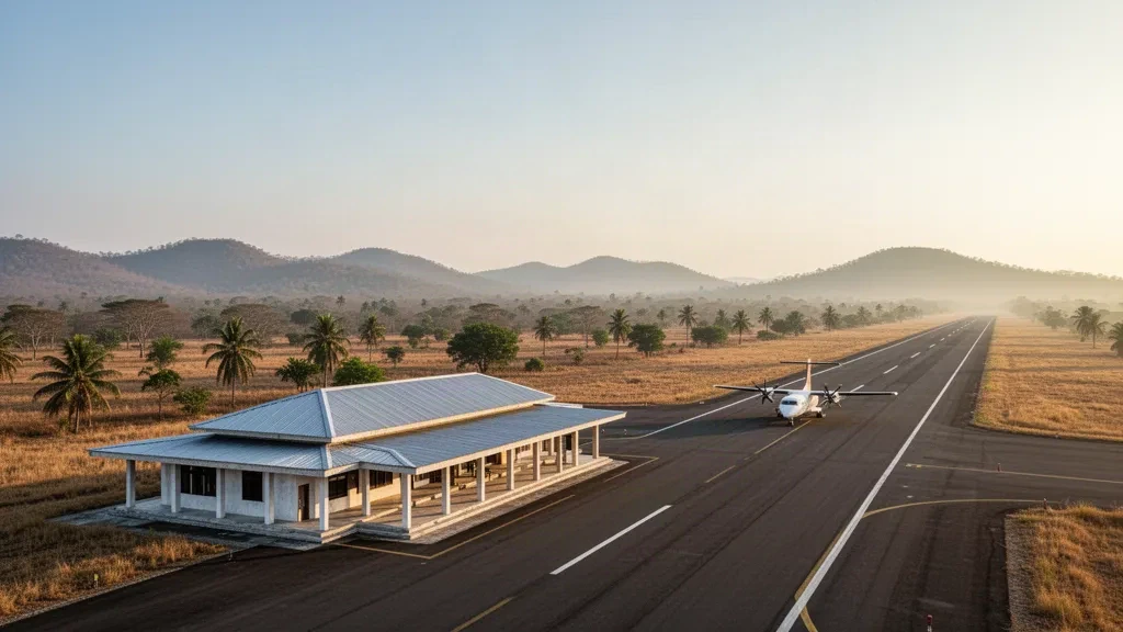 Terminal et piste de l'aéroport de Tardamu sur l'île de Savu, dans les Petites îles de la Sonde orientales, baignés dans une chaude lumière dorée avec des collines de savane sèche au-delà