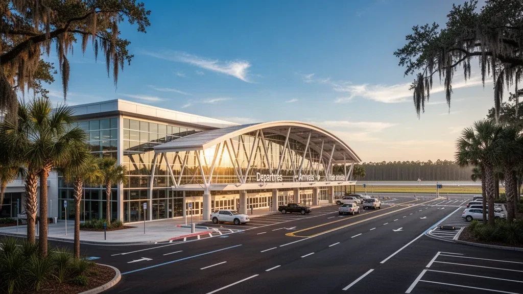 Blick zur goldenen Stunde auf das Terminal des Savannah Hilton Head International Airport mit Glasfassaden, Vorfahrspuren und mit Moos behangener Eichenbepflanzung