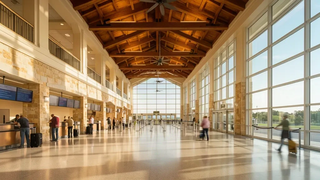 Sonnenbeschienener Innenraum der Check-in-Halle am Savannah/Hilton Head International Airport mit reisenden Passagieren und Holzdecke