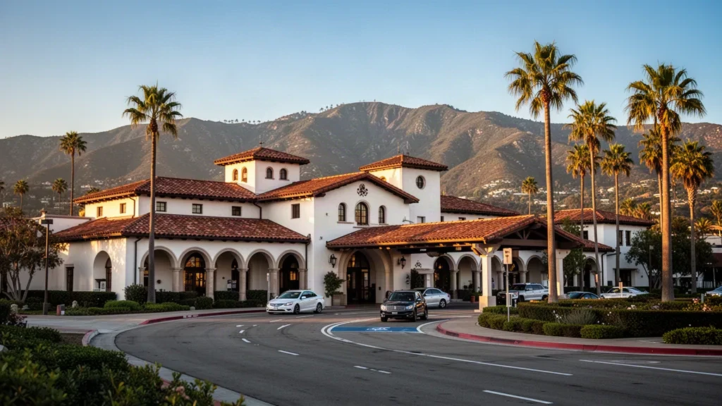 Spanish Colonial Revival terminal exterior at Santa Barbara Airport with palm trees and mountain backdrop in golden-hour light