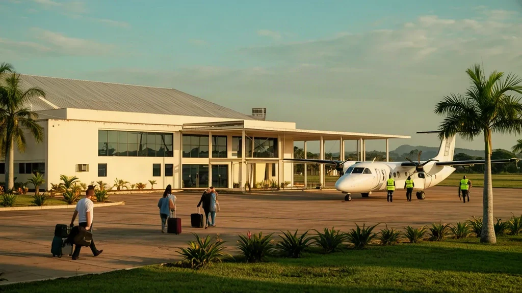 Kleines regionales Terminal am Flughafen Santa Bárbara de Barinas in Venezuela, mit einer parkenden Turboprop-Maschine und Reisenden bei tropischem Tageslicht