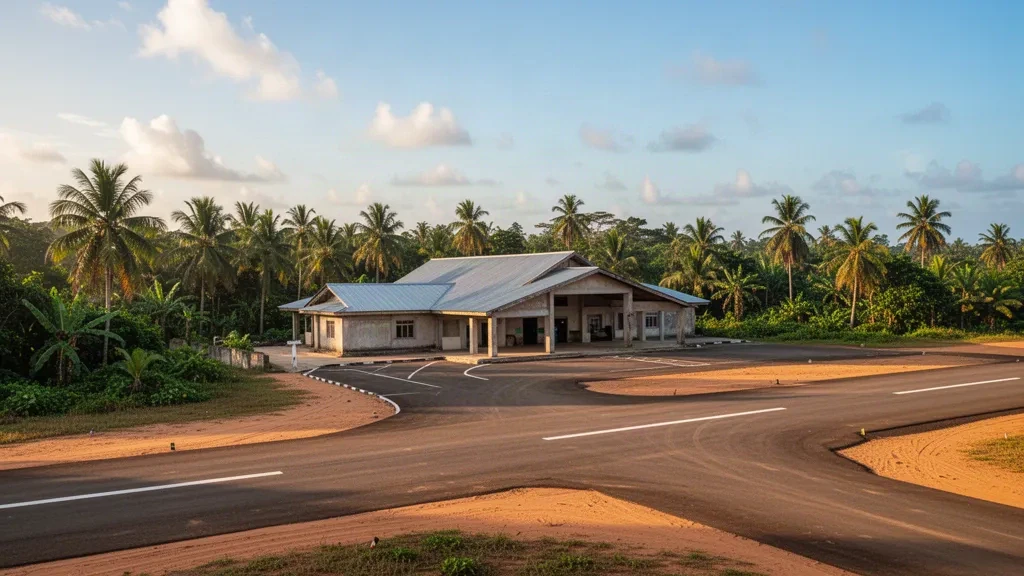 Aeropuerto de Sasstown en la costa de Liberia con una pequeña terminal, una pista tropical y luz de hora dorada.