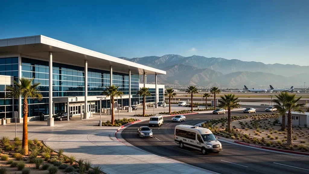 Modern glass terminal and curbside drop-off lane at San Bernardino International Airport, with the San Bernardino Mountains behind.