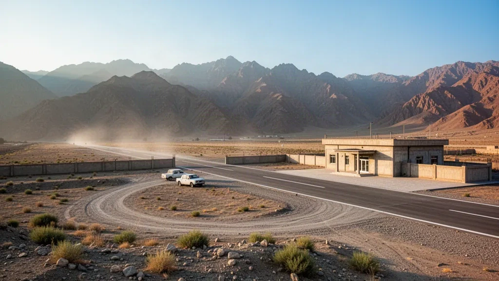 Kleiner Hochlandflugplatz in Ghazni, Afghanistan: die Startbahn des Flughafens Sardeh Band und das niedrige Terminalgebäude unter trockenen Bergkämmen