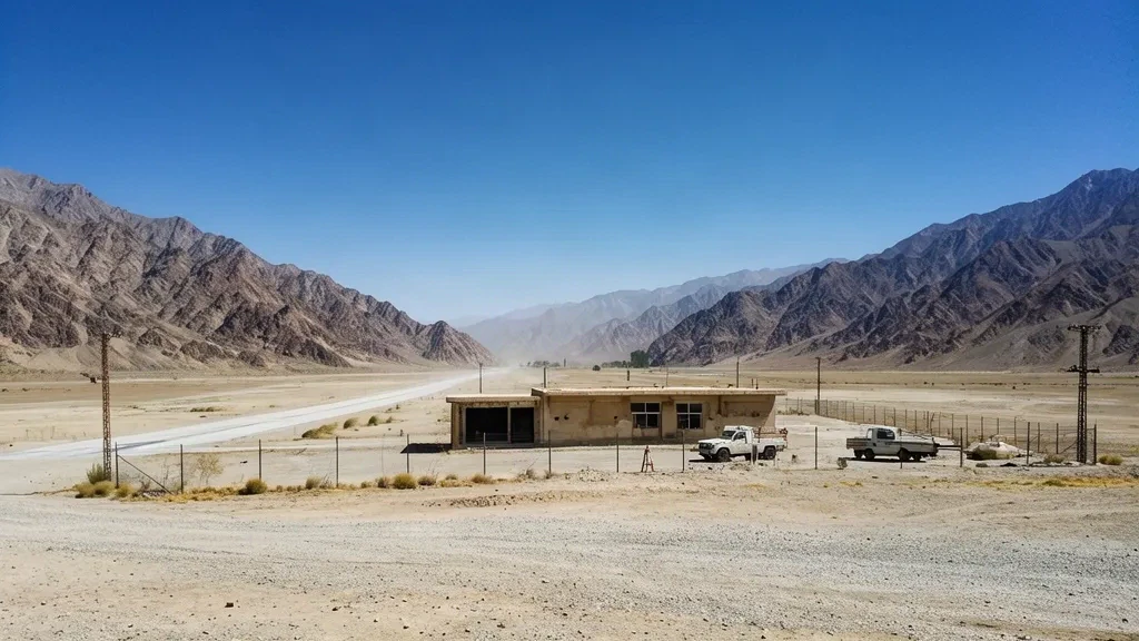 Piste d'atterrissage en gravier isolée en altitude et modeste bâtiment terminal à l'aéroport de Sardeh Band (SBF) dans la province de Ghazni, en Afghanistan
