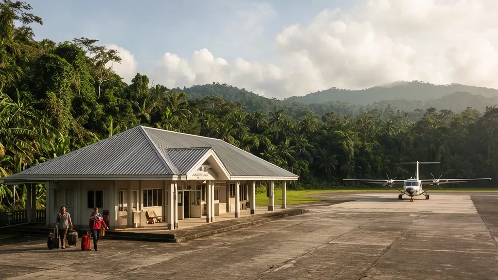 Piccolo edificio terminal dell'aeroporto di Selbang nel Sabah, Malaysia, circondato da foresta pluviale tropicale e una pista pavimentata.