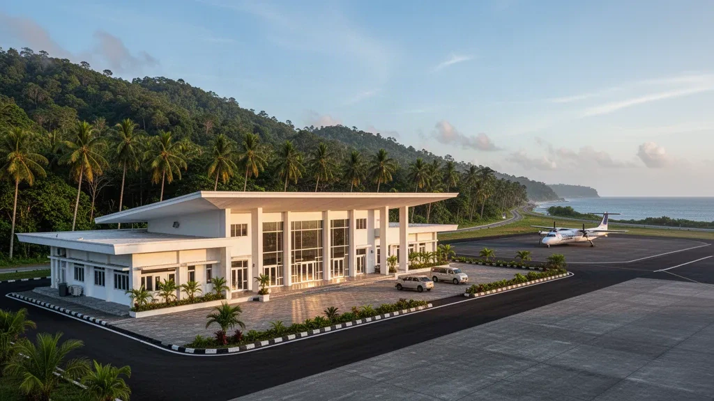 Tropical terminal building at Maimun Saleh Airport in Sabang, Indonesia, surrounded by green hills and palm trees in golden evening light