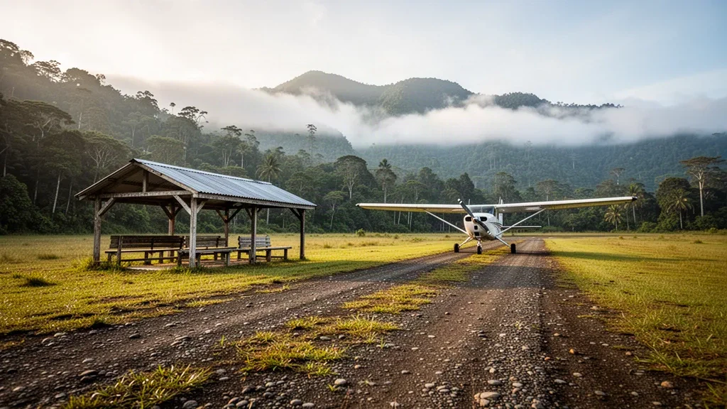 Pista di ghiaia e pista di atterraggio tropicale d'altura all'aeroporto di Suabi in Papua Nuova Guinea nella soffusa luce del primo mattino