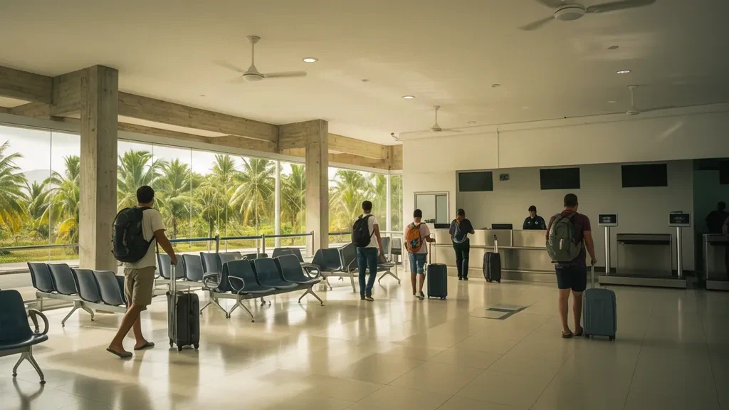 Passengers with luggage inside the bright terminal of São Mateus Ernesto Bonomo Airport in Espírito Santo, Brazil