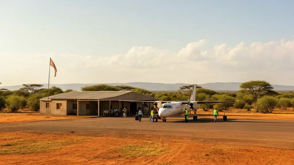 Pequeño edificio terminal y plataforma en el aeropuerto de Sambailo en Koundara, Guinea, bajo la brillante luz de la tarde de África Occidental