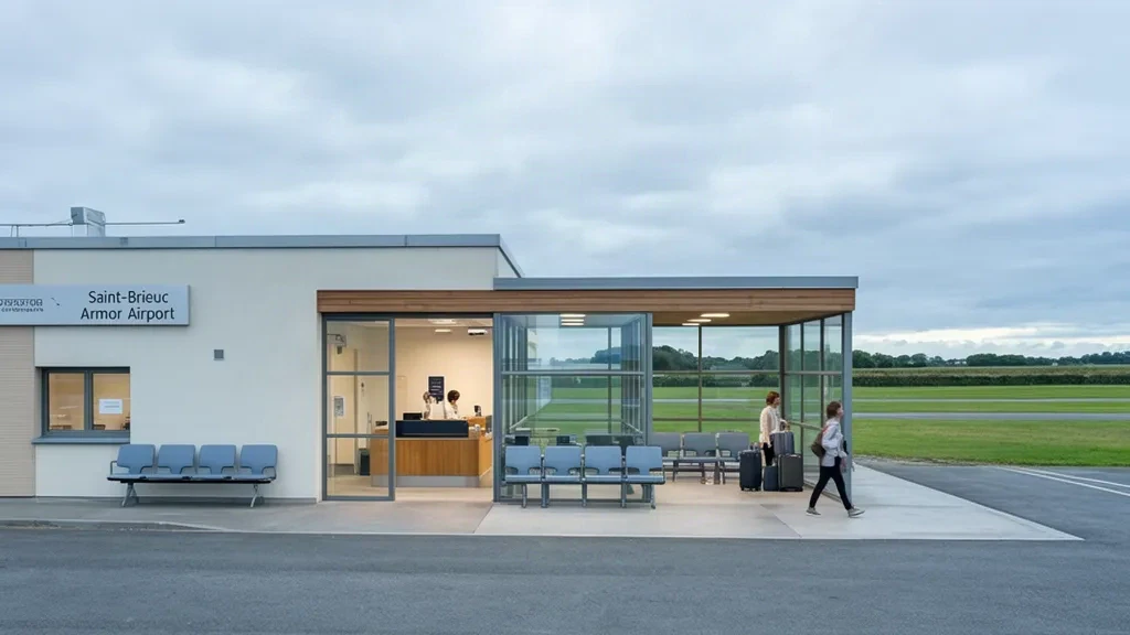 Compact terminal interior and glass facade at Saint-Brieuc Armor Airport in Brittany, France, with travellers and views over the grassy airfield