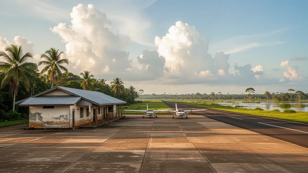 Pequeña terminal tropical y plataforma de aeronaves en el Aeropuerto Santa Ana del Yacuma, en las tierras bajas del Beni en Bolivia, a la hora dorada