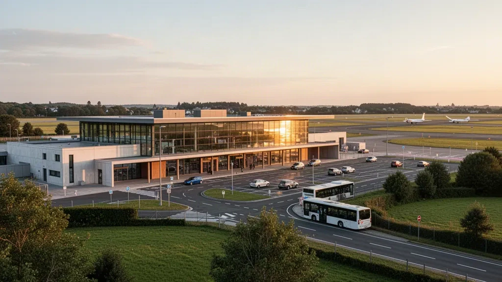 Fransa'nın Brittany bölgesindeki Saint-Brieuc-Armor Havalimanı'nın modern cam terminal dış görünümü; erişim yolları, indirme bölgesi ve altın saatte yeşil kırsal.