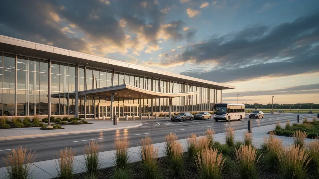 Esterno moderno in vetro del terminal dell'aeroporto internazionale di South Bend in Indiana durante l'ora d'oro, con una corsia di sosta e discesa lungo il marciapiede antistante.
