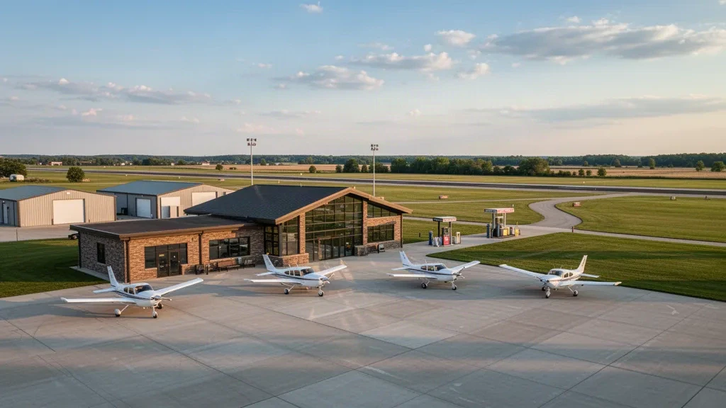 Avion léger sur le tarmac devant le terminal moderne de l'aéroport Sheboygan County Memorial dans le Wisconsin