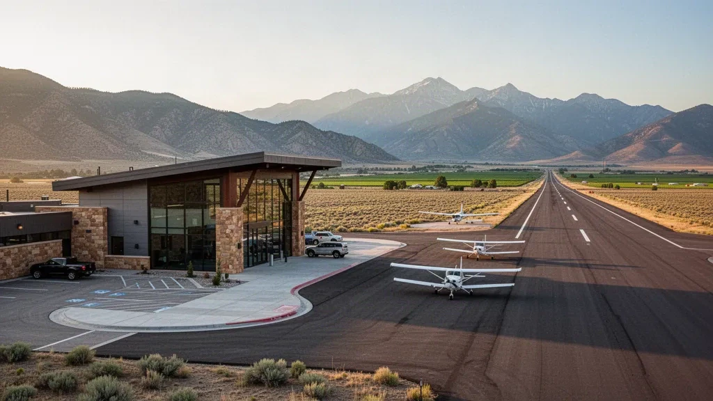 Kleines regionales Terminalgebäude, Vorfeld und von Bergen gesäumte Start- und Landebahn am Salina-Gunnison Airport in Utah zur goldenen Stunde