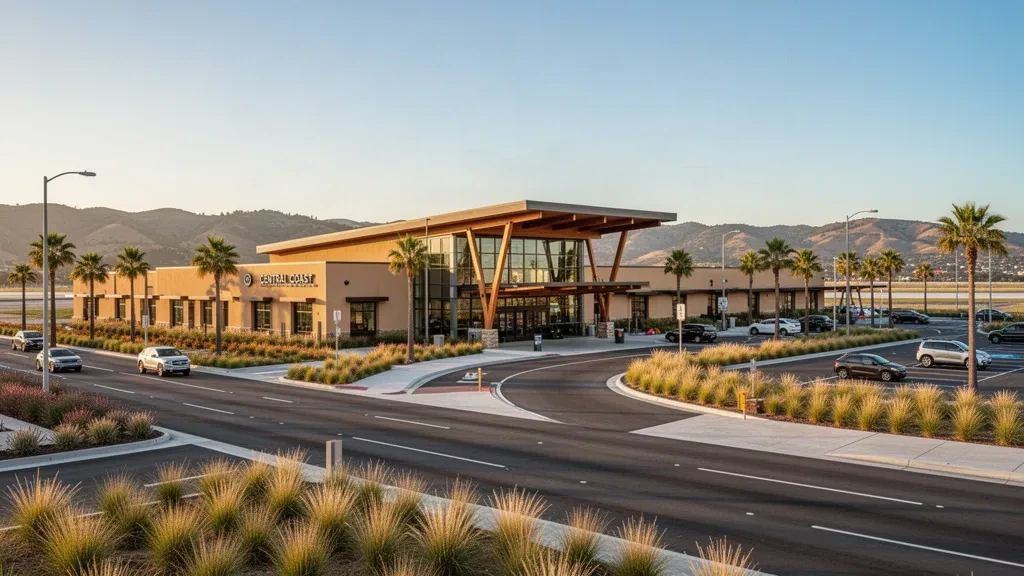 Terminal moderna y carriles de bajada en la acera del Aeropuerto Regional del Condado de San Luis Obispo bajo una cálida luz dorada.