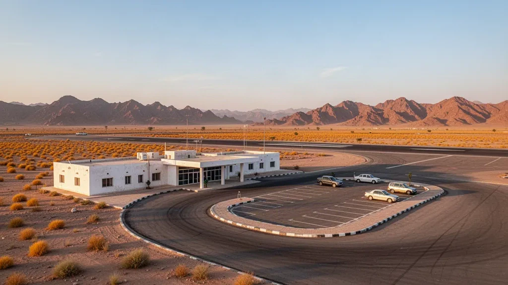 Edificio terminal bianco e basso, strada di accesso e pista vuota all'aeroporto di Sibi nel Balochistan sotto la calda luce desertica del tardo pomeriggio
