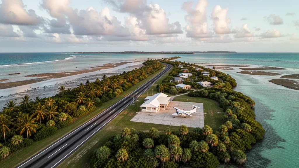 Tropical island airport with a narrow runway and small white terminal at Saibai Island in the Torres Strait, surrounded by palms and turquoise water