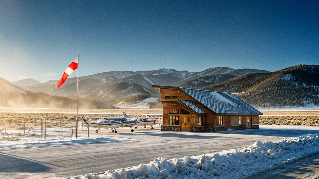 Small snow-dusted terminal and parked light aircraft at Bob Adams Field in Steamboat Springs, Colorado, with forested mountain ridges behind