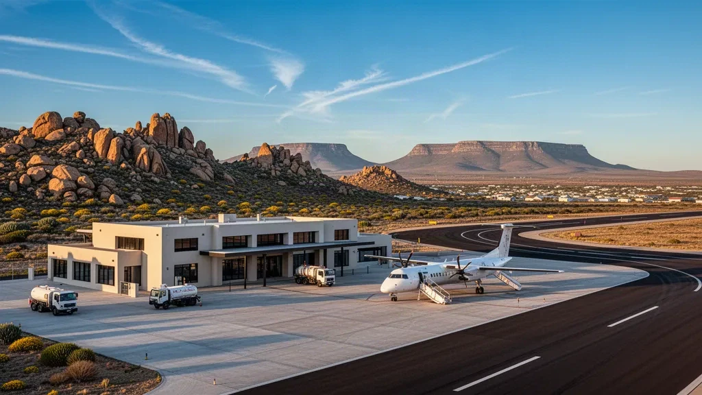 Niedriges regionales Terminal und Vorfeld am Springbok Airport in Namaqualand, Nordkap, eingerahmt von ariden Granithügeln unter einem klaren Himmel am späten Nachmittag