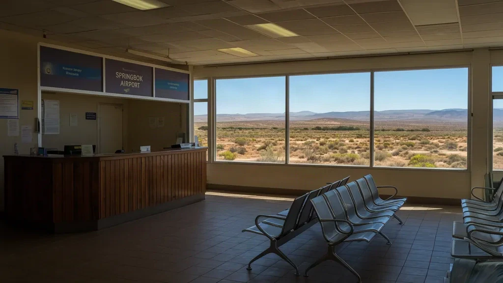 Intérieur vide du terminal de l'aéroport de Springbok dans le Cap-Nord avec comptoir d'enregistrement, sièges d'attente et grandes fenêtres.