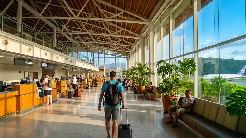 Voyageurs avec bagages dans le hall de départ en bois et verre baigné de soleil de l'aéroport de Sabah SBV à Sabah, en Malaisie
