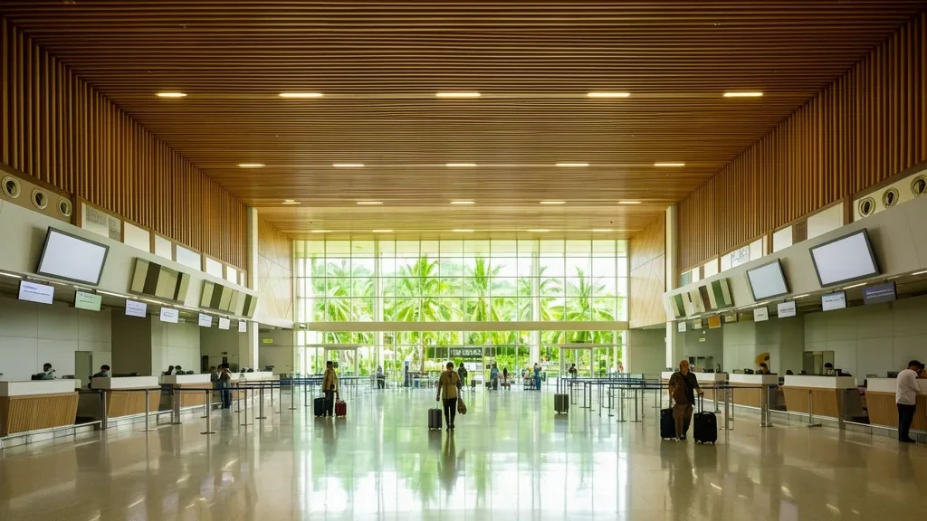 Interno del terminal dell'Aeroporto di Sibu SBW in Sarawak, Malesia, con viaggiatori e luce diurna tropicale