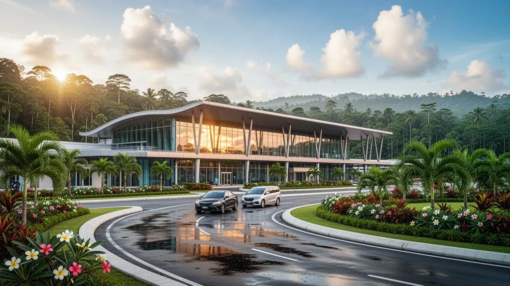 Malezya'nın Sarawak eyaletindeki Sibu Havalimanı'nda tropikal yeşilliklerle çevrili, altın saatte kavisli yolcu indirme yolu bulunan modern cam terminal binasının dış görünümü