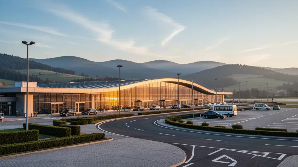 Exterior moderno de terminal con cristaleras en el Aeropuerto Internacional de Sibiu durante la hora dorada, con vías de acceso y colinas de Transilvania al fondo