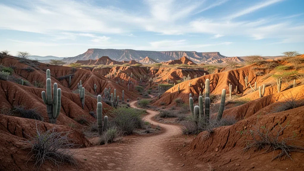 Tierras baldías de arcilla roja y altos cactus en el Desierto de la Tatacoa, Huila, Colombia, bajo el sol del final de la tarde