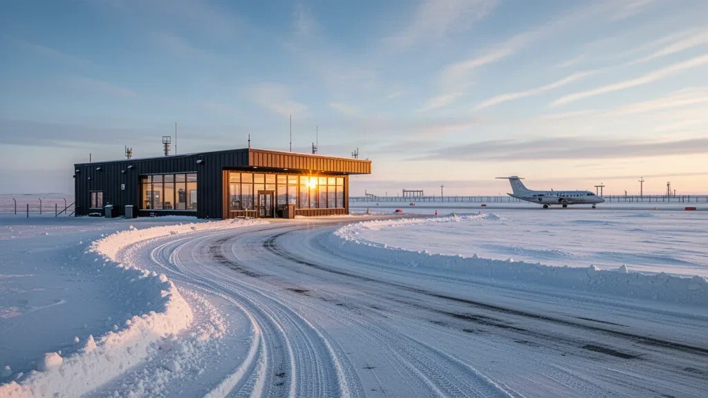Terminal, piazzale e strada di accesso spolverati di neve all'aeroporto di Deadhorse nell'Artico dell'Alaska sotto una bassa luce dell'ora d'oro