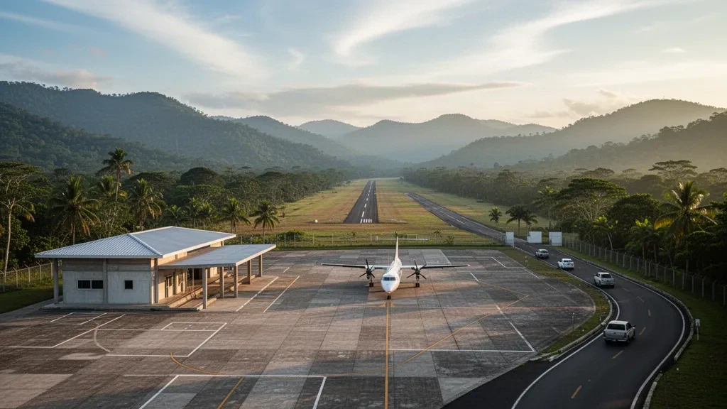 Small regional airport terminal, apron and runway in a green Honduran valley near Sulaco, lit by warm golden-hour light