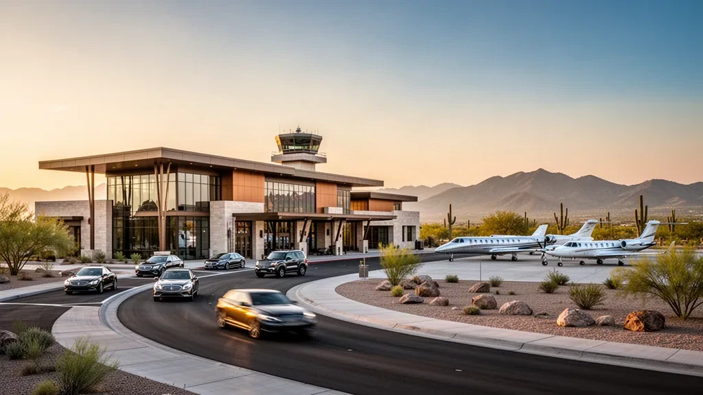 Moderna terminal del aeropuerto de Scottsdale y jets privados en la plataforma durante la hora dorada, con las montañas del desierto de Sonora al fondo