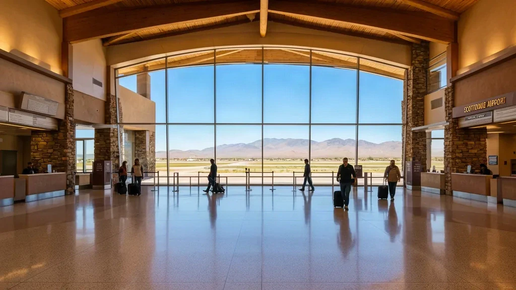 Interno del terminal dell'aeroporto di Scottsdale in Arizona con viaggiatori e viste sul deserto attraverso grandi finestre.