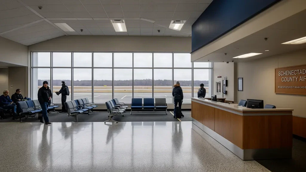 Innenansicht des Terminals des Schenectady County Airport in New York mit großen Fenstern und Blick auf das Vorfeld der allgemeinen Luftfahrt.