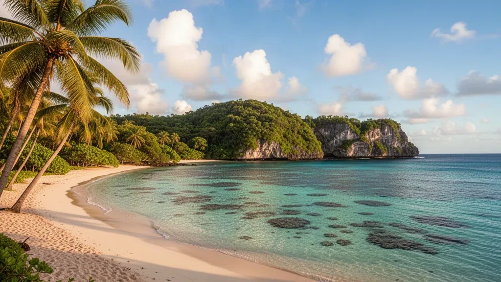 Laguna turquesa y playa bordeada de palmeras en la bahía de Tumon, Guam, enmarcadas por acantilados de piedra caliza cubiertos de selva a lo largo de la costa del Pacífico