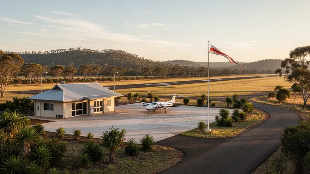 Kleiner regionaler Flugplatz am Spring Creek Airport in Queensland mit grasgesäumter Startbahn, bescheidenem Terminal und Eukalyptushügeln zur goldenen Stunde