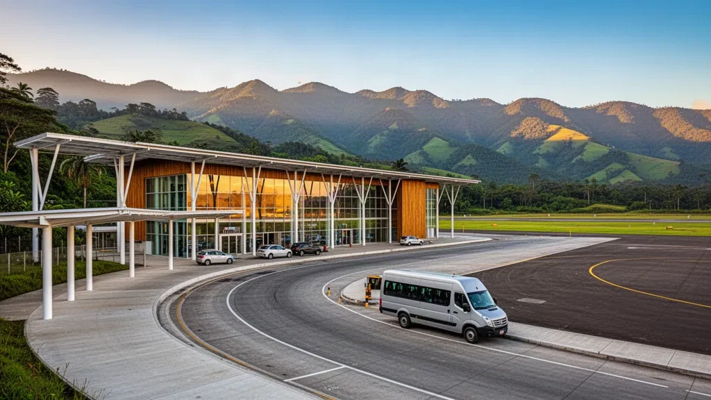 Modernes Terminal und Bringzone des Flughafens Paramillo in San Cristóbal, Venezuela, vor grünen Andenbergen zur goldenen Stunde.