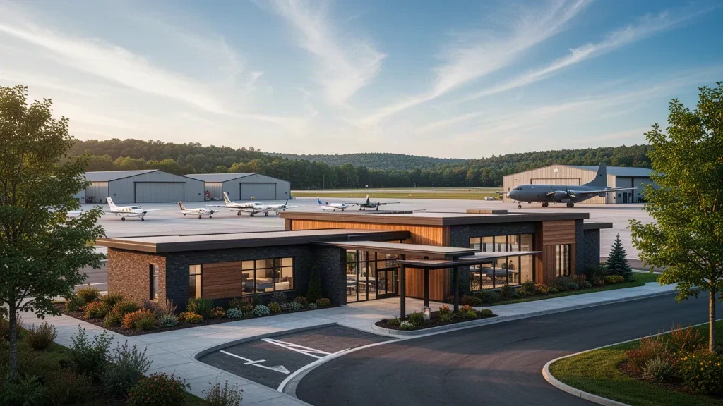 New York'un kuzeyindeki Schenectady County Havaalanı'nda altın saat ışığında modern bir terminal, uçak apronu ve hangarların görünümü