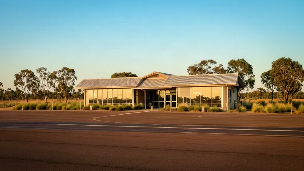 Veduta esterna del piccolo terminal regionale presso l'aeroporto di Spring Creek SCG nel Queensland, Australia.