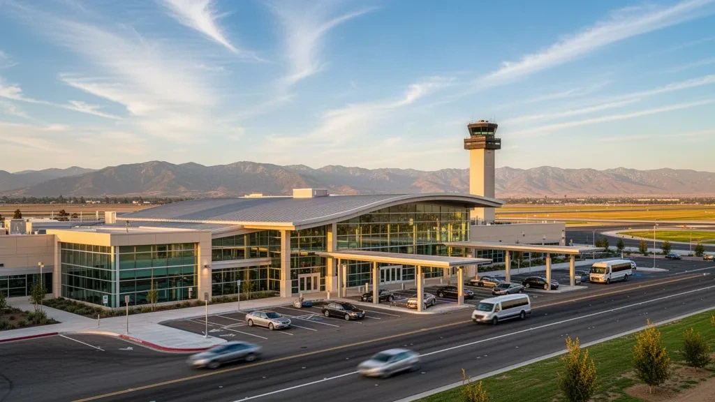 Modern terminal exterior and drop-off area at Stockton Metropolitan Airport in California at golden hour.