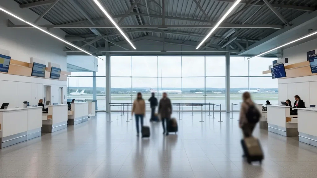 Innenansicht des Terminals des Flughafens Saarbrücken SCN mit modernem Check-in-Bereich und Tageslicht