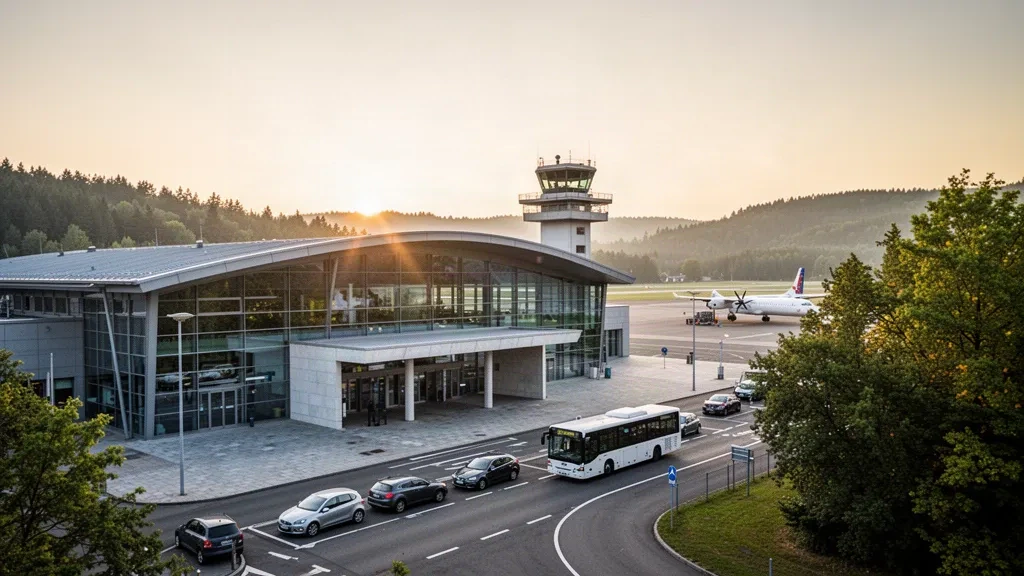 Edificio terminal moderno de cristal y explanada de acceso del aeropuerto de Saarbrücken en Ensheim, Alemania, con aeronaves en la plataforma bajo la luz dorada del atardecer