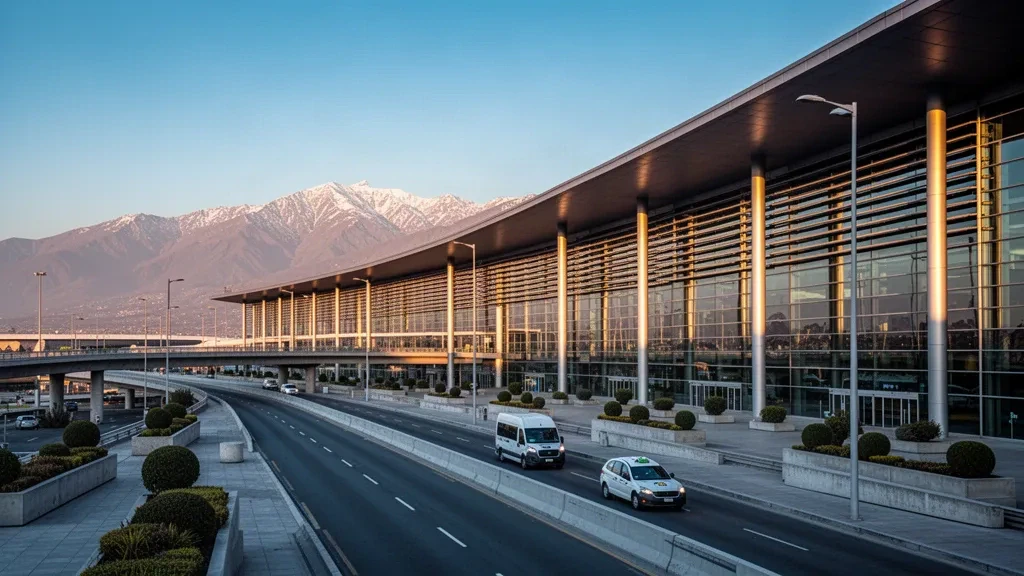 Moderno terminal in vetro dell'Aeroporto Internazionale Arturo Merino Benítez di Santiago durante l'ora dorata con le Ande sullo sfondo