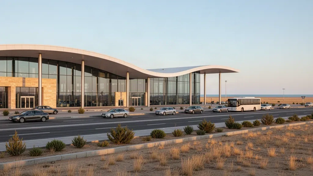 Modern glass terminal and drop-off lanes at Aktau International Airport in warm golden-hour light on Kazakhstan's Caspian coast